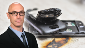 Graphic of Dr. Matheiu with photo of exploded phone battery in background.
